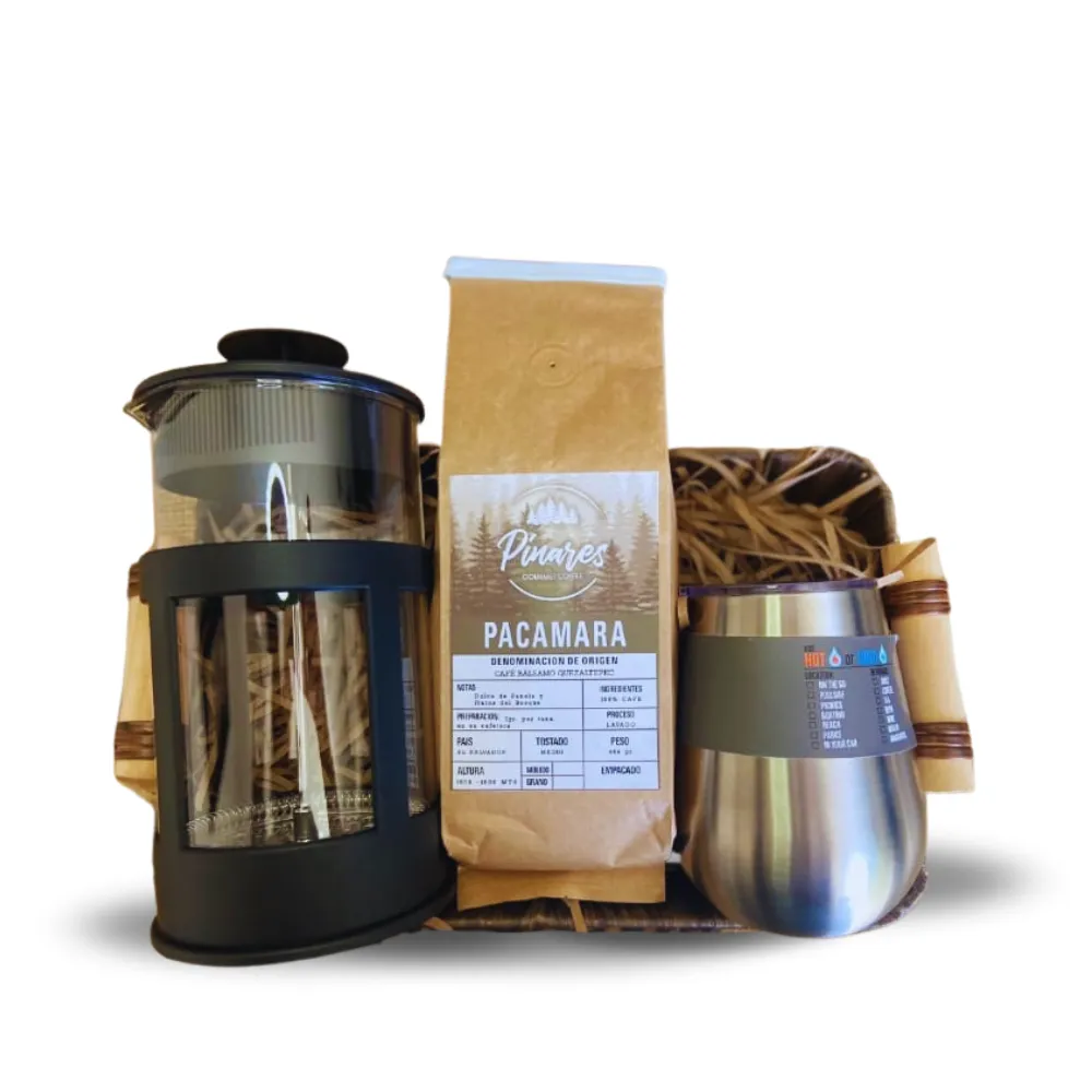 Libra de Pacamara Lavado, más un vaso termico y una prensa Francesa